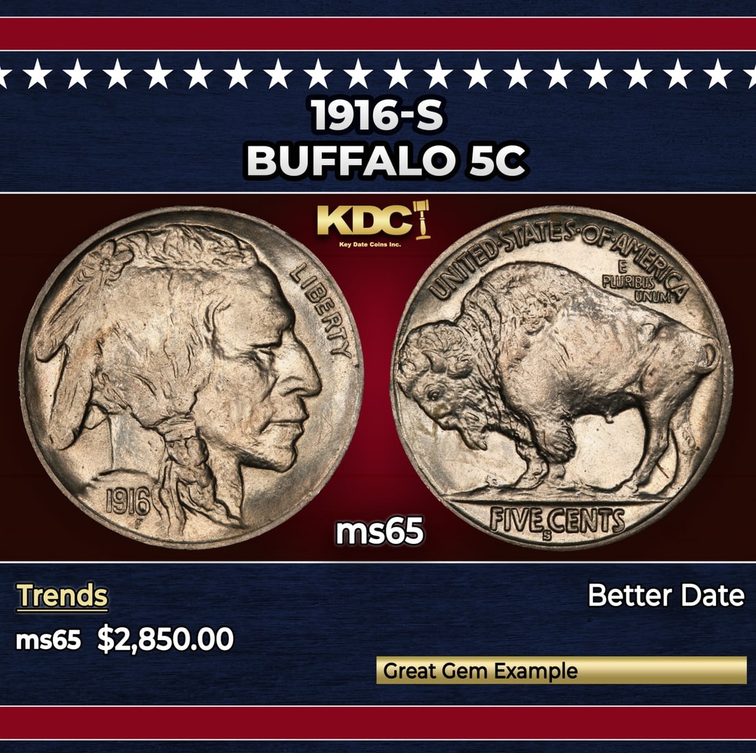 1916-s Buffalo Nickel 5c ms65 SEGS: 1916-s Buffalo Nickel 5c ms65 SEGS. A tough date.