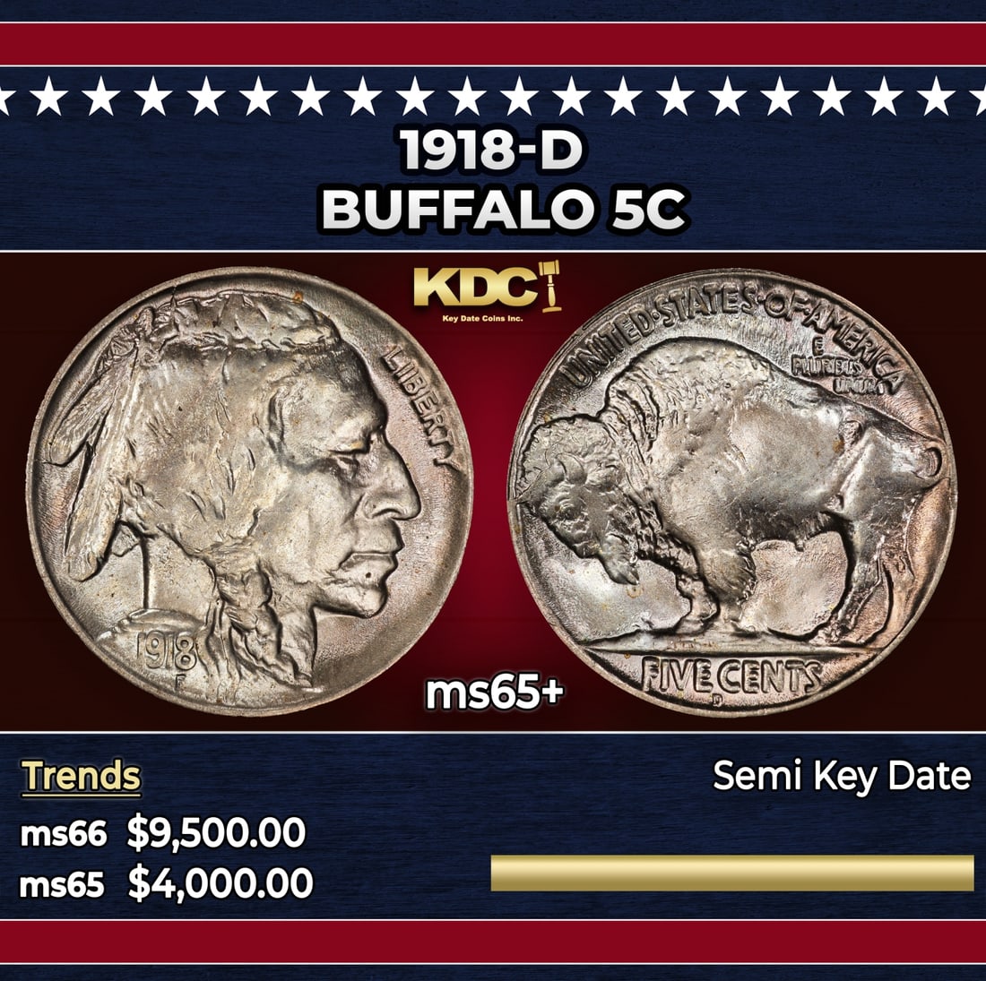 1918-d Buffalo Nickel 5c ms65+ SEGS: 1918-d Buffalo Nickel 5c ms65+ SEGS.
