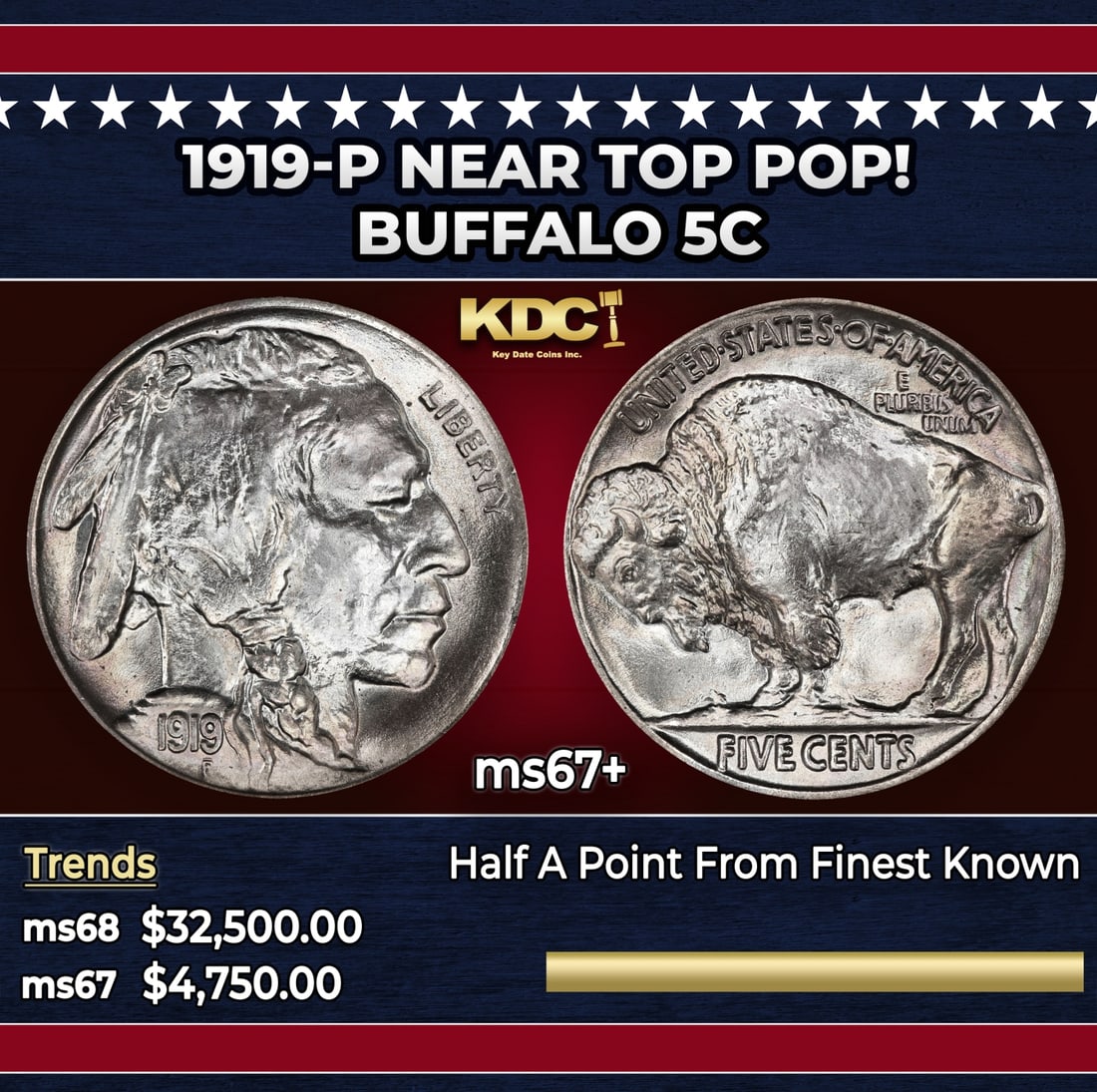 1919-p Buffalo Nickel Near Top Pop! 5c ms67+ SEGS: 1919-p Near Top Pop! Buffalo Nickel 5c ms67+ SEGS. 0