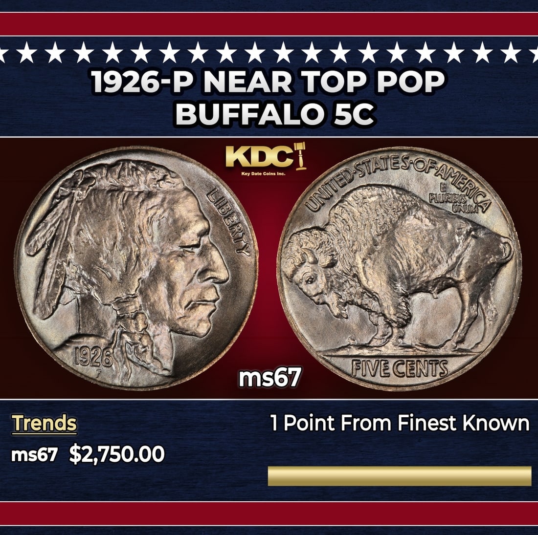 1926-p Buffalo Nickel Near Top Pop 5c ms67 SEGS: 1926-p Near Top Pop Buffalo Nickel 5c ms67 SEGS.