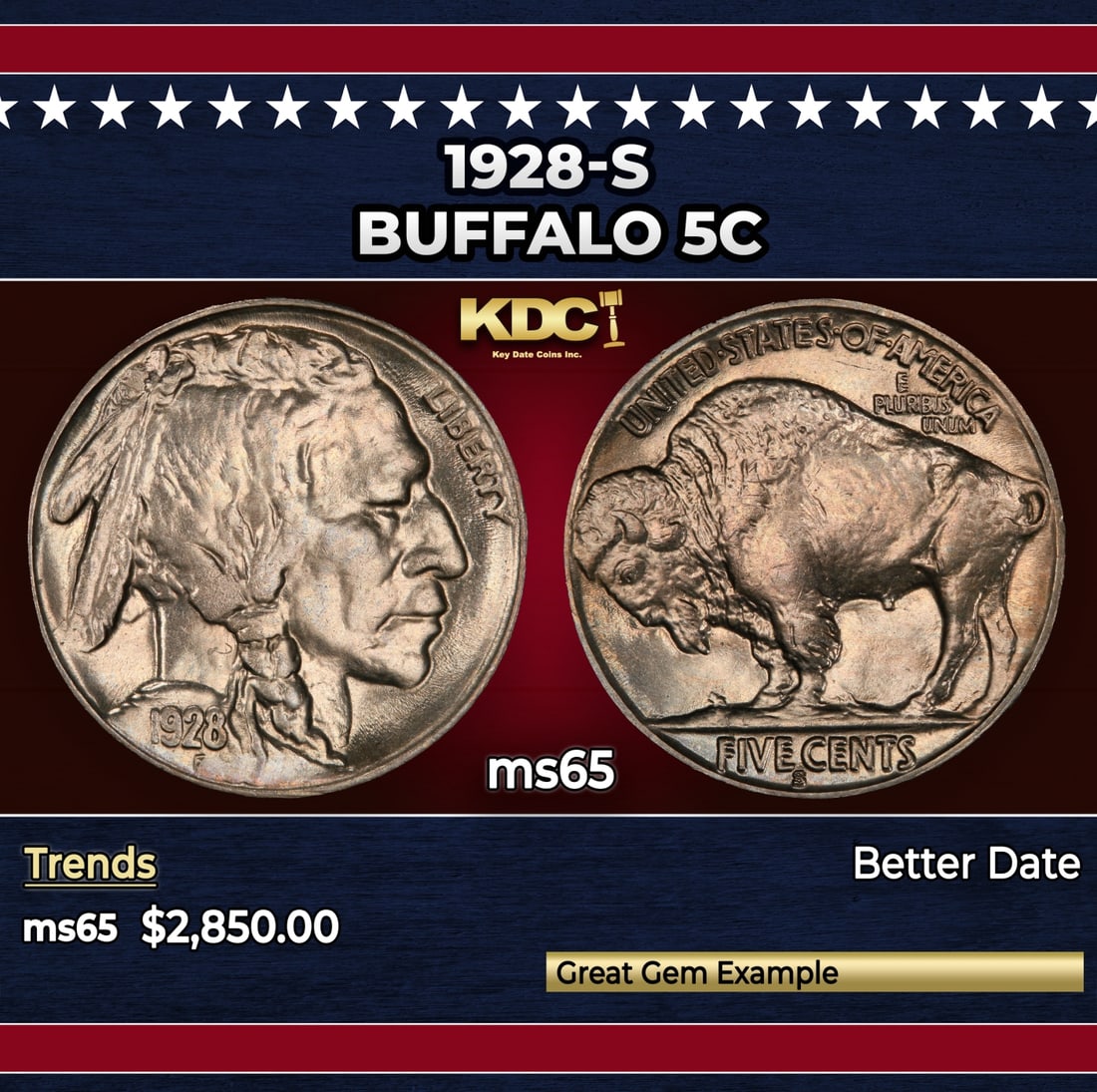 1928-s Buffalo Nickel 5c ms65 SEGS: 1928-s Buffalo Nickel 5c ms65 SEGS.