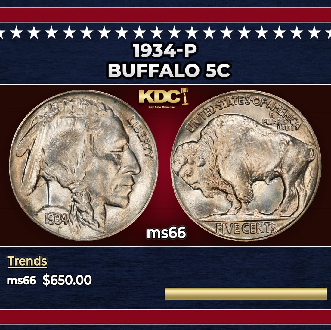 1934-p Buffalo Nickel 5c Grades ms66: 1934-p Buffalo Nickel 5c Grades ms66.