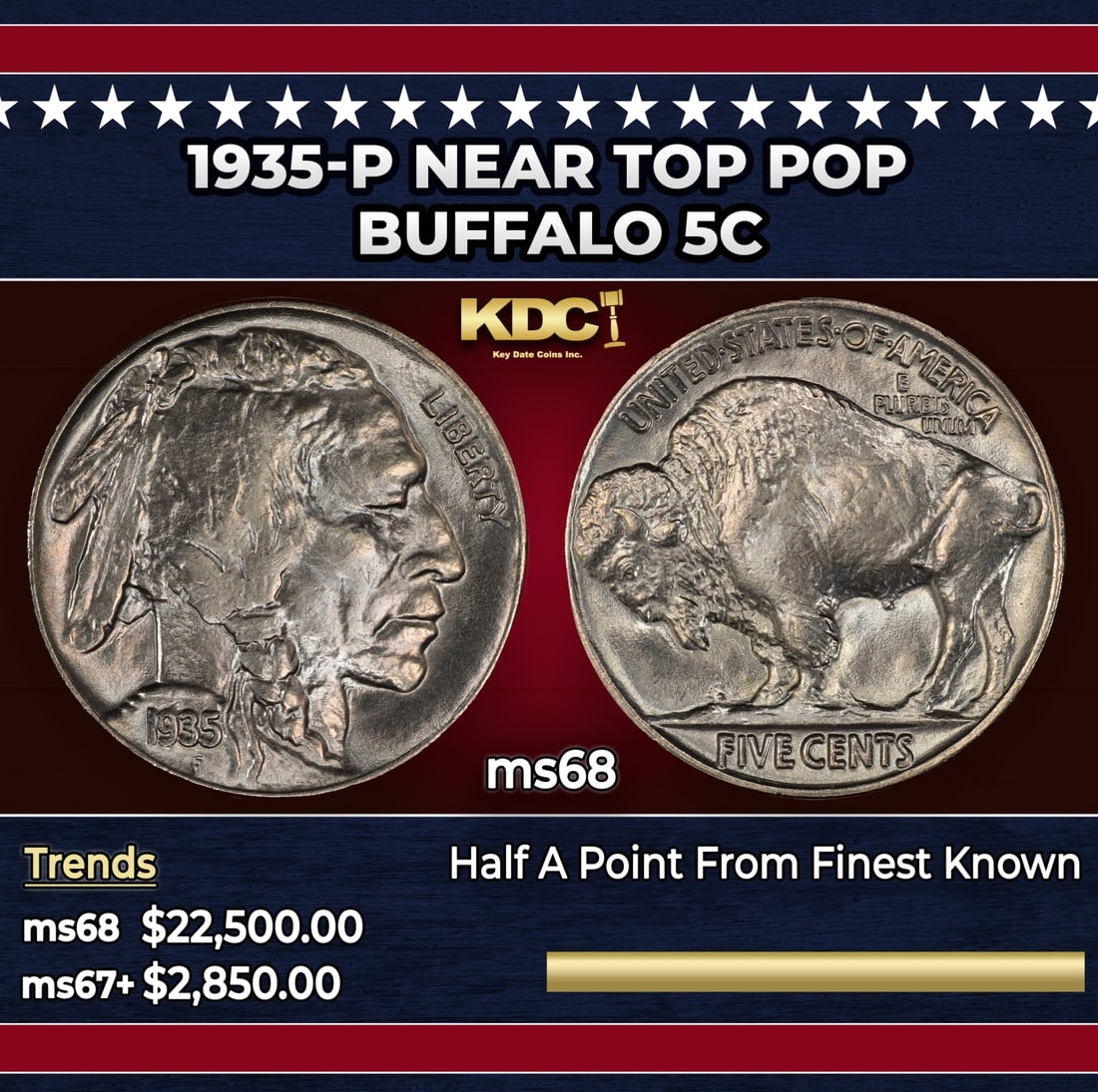 1935-p Buffalo Nickel Near Top Pop 5c ms68 SEGS: 1935-p Near Top Pop Buffalo Nickel 5c ms68 SEGS.