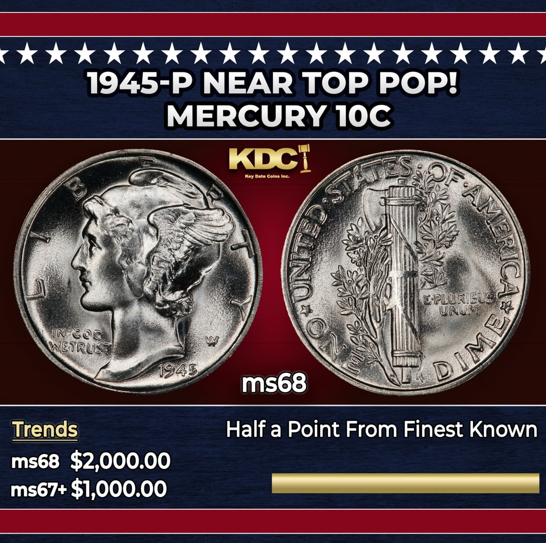 1945-p Mercury Dime Near Top Pop! 10c ms68 SEGS: 1945-p Near Top Pop! Mercury Dime 10c ms68 SEGS.