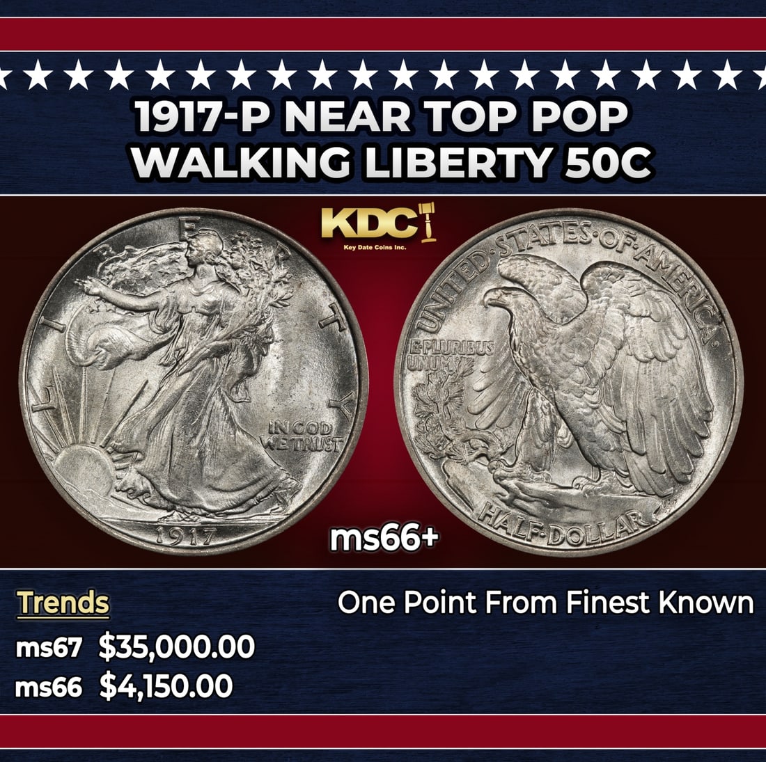 1917-p Walking Liberty Half Dollar Near Top Pop 50c ms66+ SEGS: 1917-p Near Top Pop Walking Liberty Half Dollar 50c ms66+ SEGS.