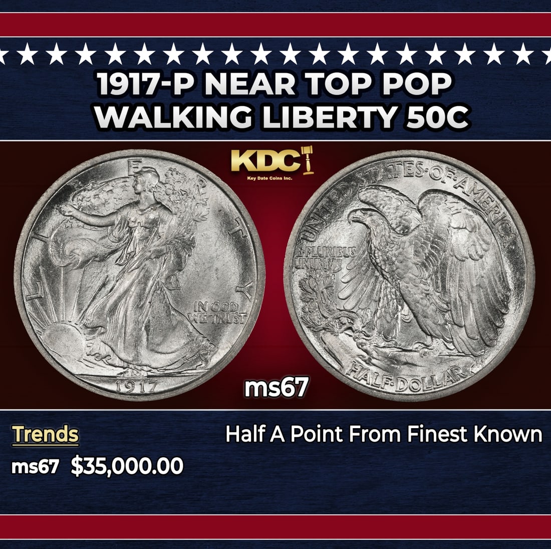 1917-p Walking Liberty Half Dollar Near Top Pop 50c ms67 SEGS: 1917-p Near Top Pop Walking Liberty Half Dollar 50c ms67 SEGS.