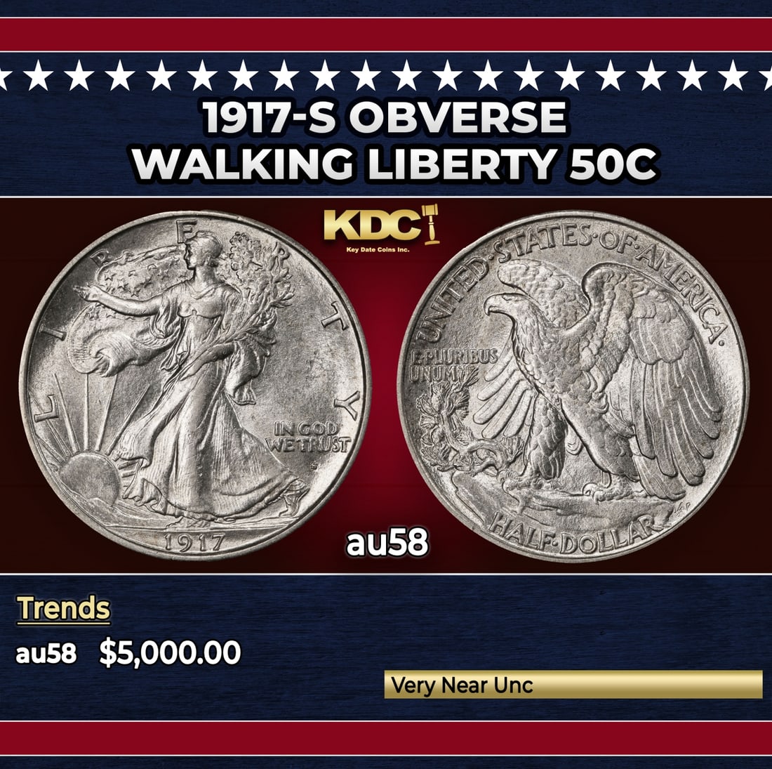 1917-s Obverse Walking Liberty Half Dollar 50c au58 SEGS: 1917-s Obverse Walking Liberty Half Dollar 50c au58 SEGS.