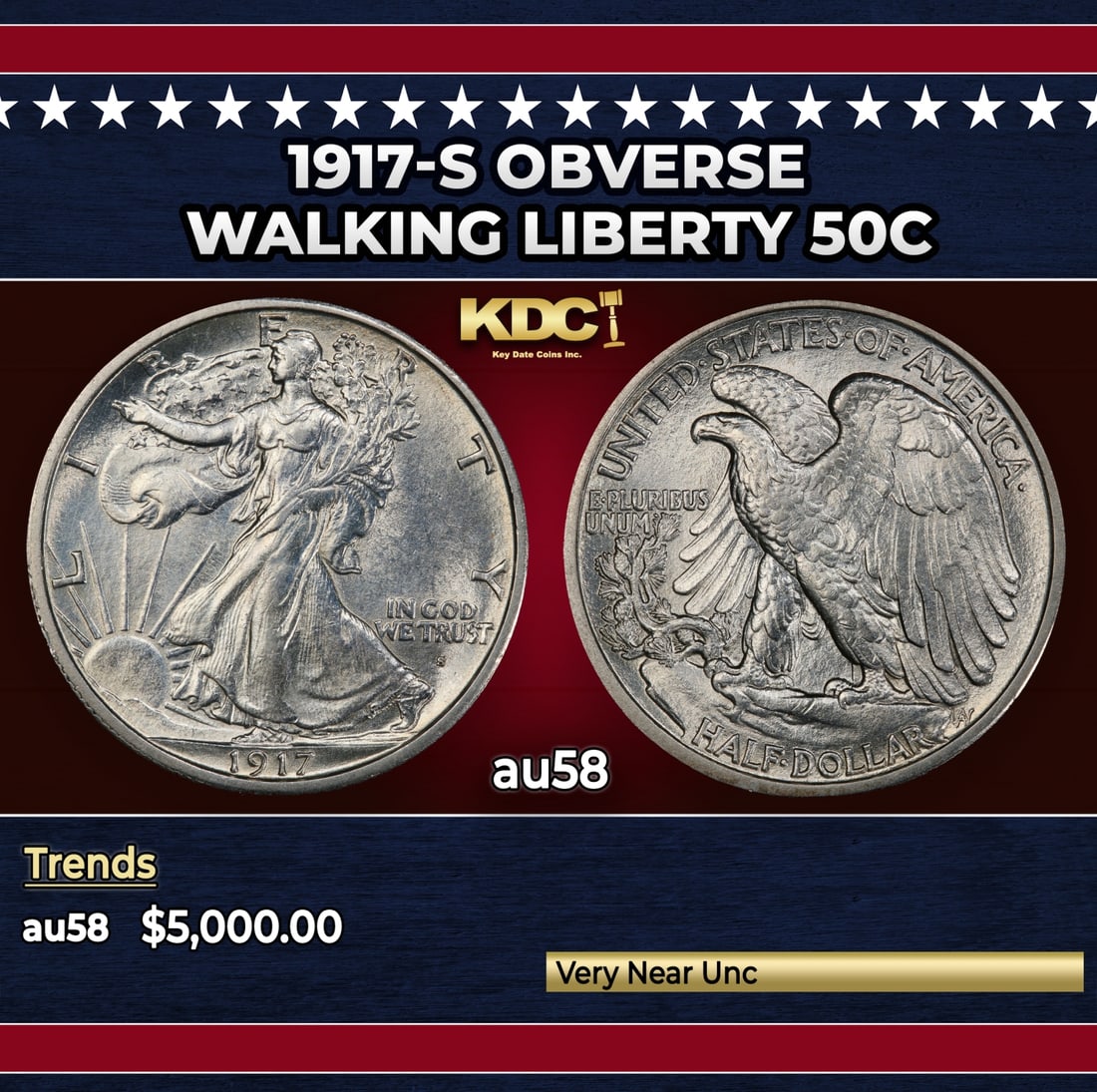 1917-s Obverse Walking Liberty Half Dollar 50c au58 SEGS: 1917-s Obverse Walking Liberty Half Dollar 50c au58 SEGS.