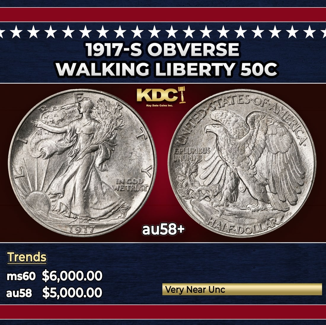 1917-s Obverse Walking Liberty Half Dollar 50c au58+ SEGS: 1917-s Obverse Walking Liberty Half Dollar 50c au58+ SEGS.