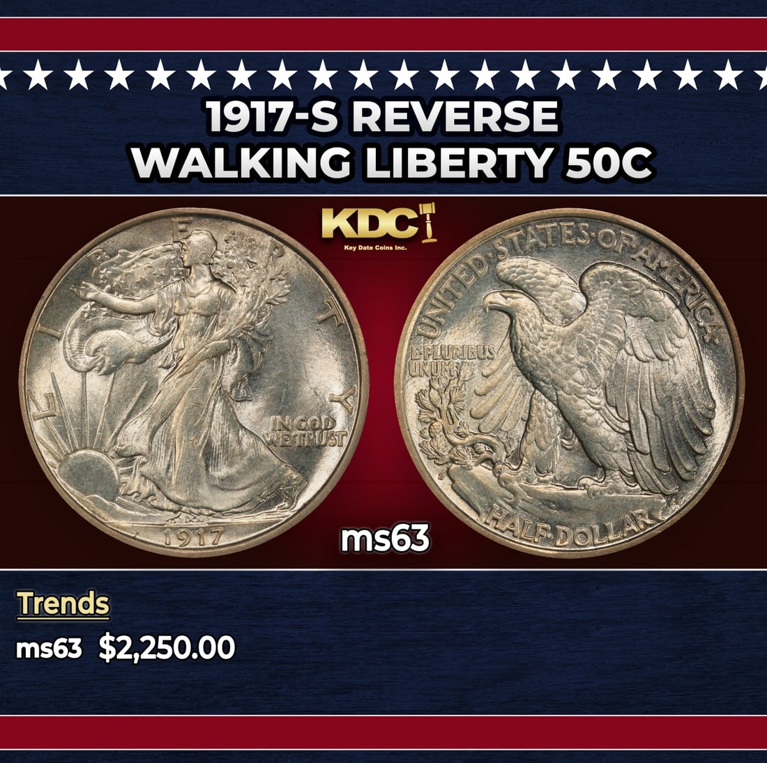 1917-s Reverse Walking Liberty Half Dollar 50c ms63 USCG: 1917-s Reverse Walking Liberty Half Dollar 50c ms63 USCG.