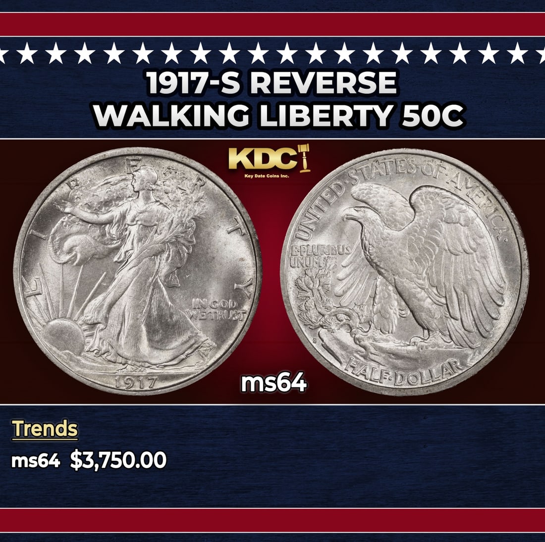 1917-s Reverse Walking Liberty Half Dollar 50c ms64 SEGS: 1917-s Reverse Walking Liberty Half Dollar 50c ms64 SEGS.