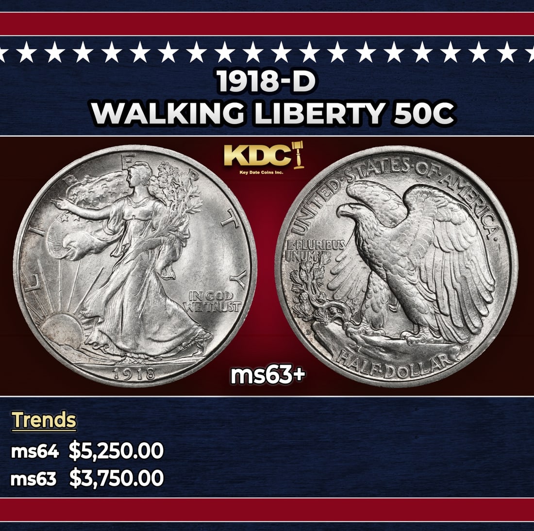 1918-d Walking Liberty Half Dollar 50c ms63+ USCG: 1918-d Walking Liberty Half Dollar 50c ms63+ USCG.