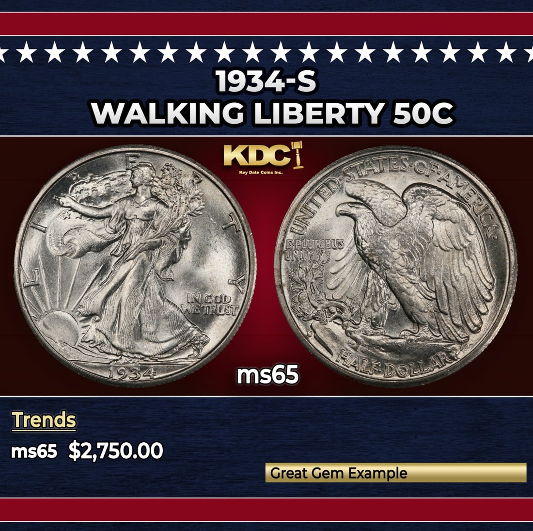1934-s Walking Liberty Half Dollar 50c ms65 SEGS: 1934-s Walking Liberty Half Dollar 50c ms65 SEGS.