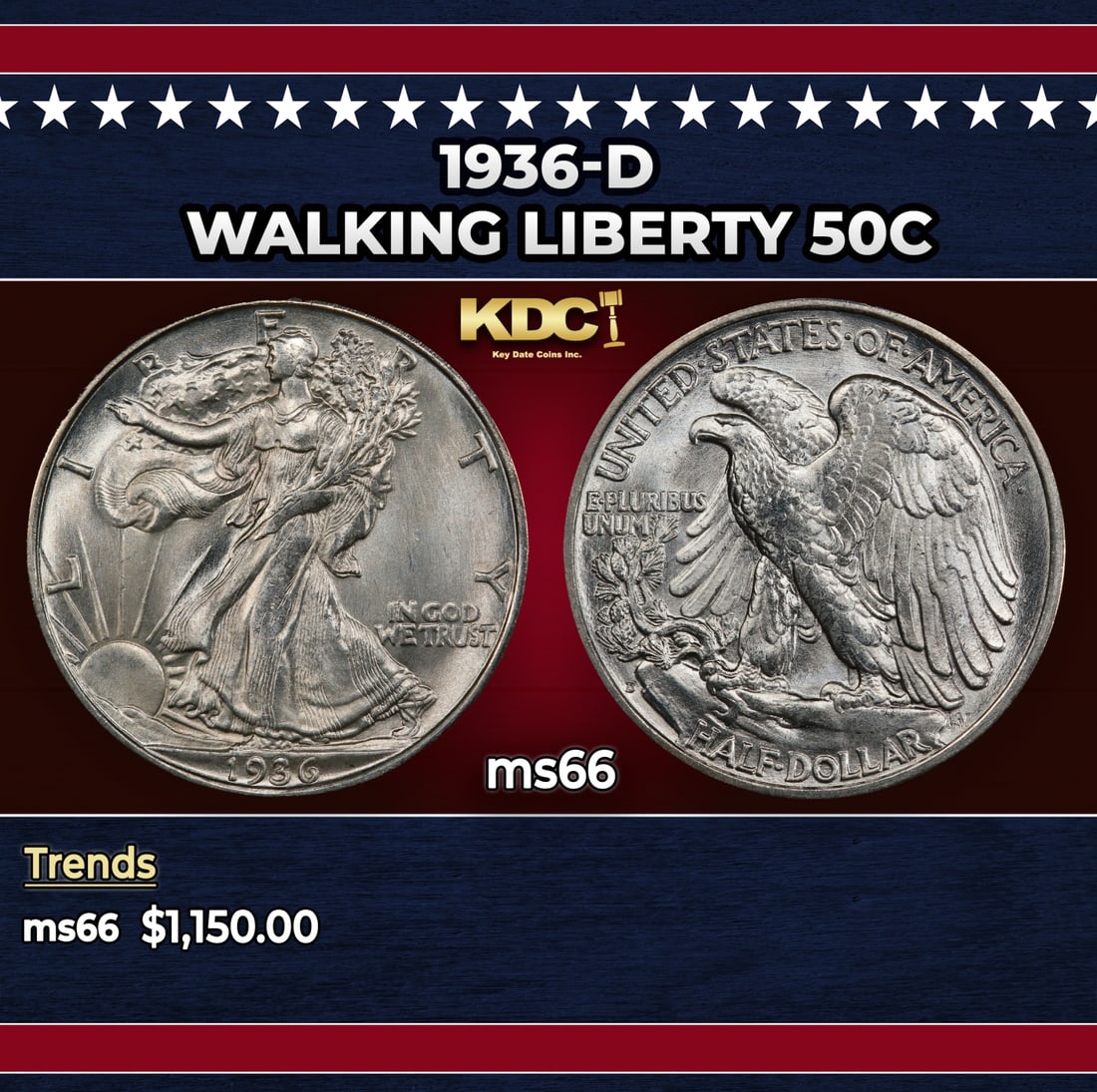1936-d Walking Liberty Half Dollar 50c ms66 SEGS: 1936-d Walking Liberty Half Dollar 50c ms66 SEGS.