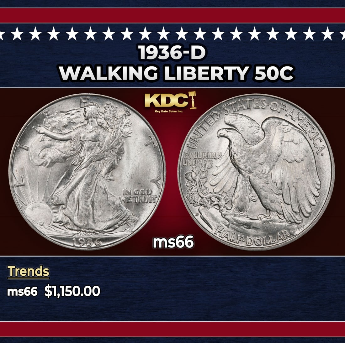 1936-d Walking Liberty Half Dollar 50c ms66 SEGS: 1936-d Walking Liberty Half Dollar 50c ms66 SEGS.