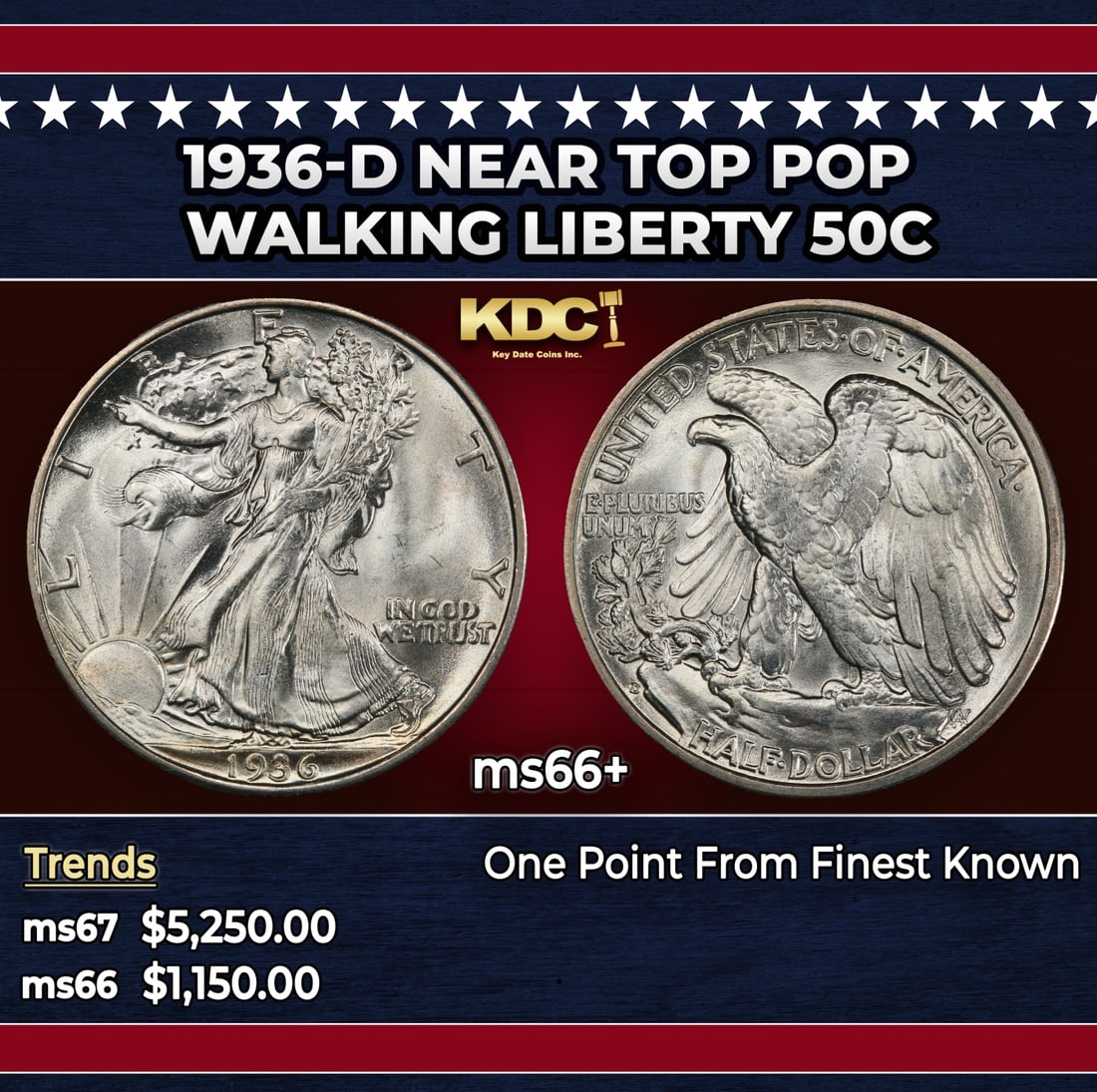 1936-d Walking Liberty Half Dollar Near Top Pop 50c ms66+ SEGS: 1936-d Near Top Pop Walking Liberty Half Dollar 50c ms66+ SEGS.