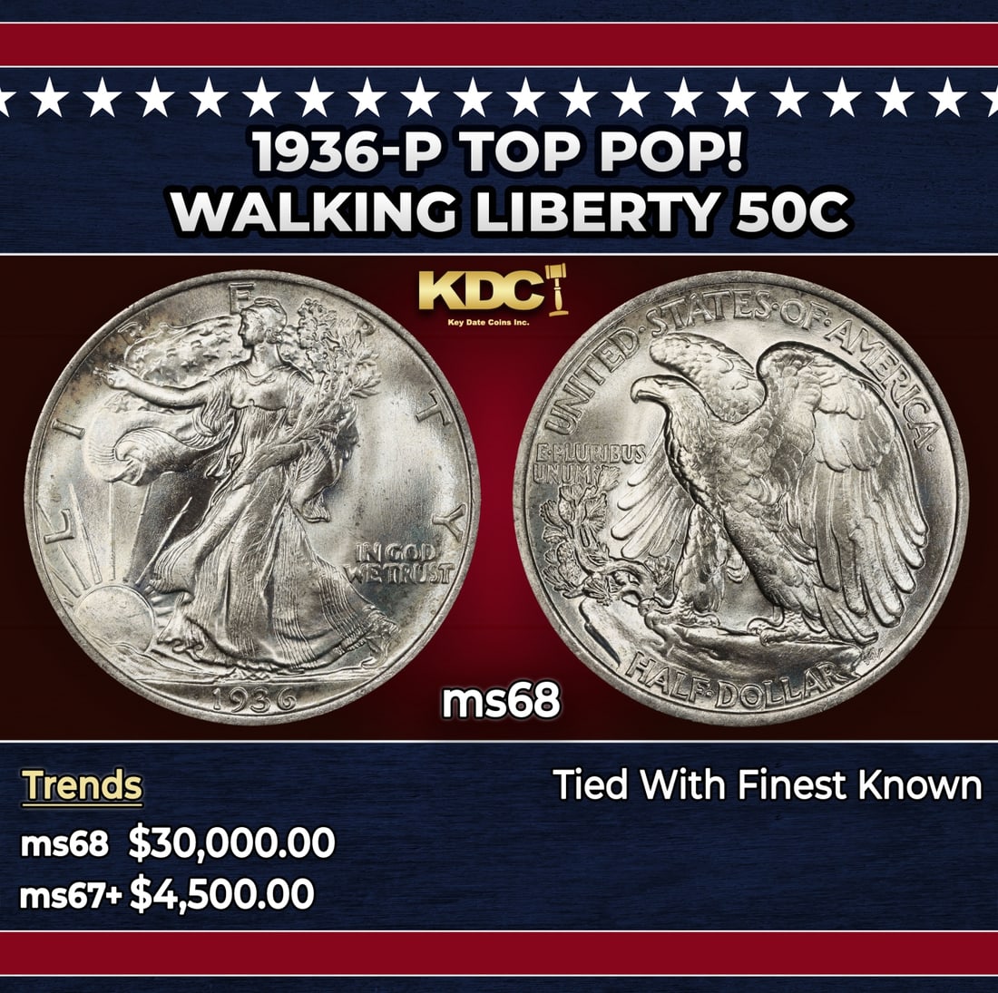 1936-p Walking Liberty Half Dollar TOP POP! 50c ms68 SEGS: 1936-p TOP POP! Walking Liberty Half Dollar 50c ms68 SEGS.