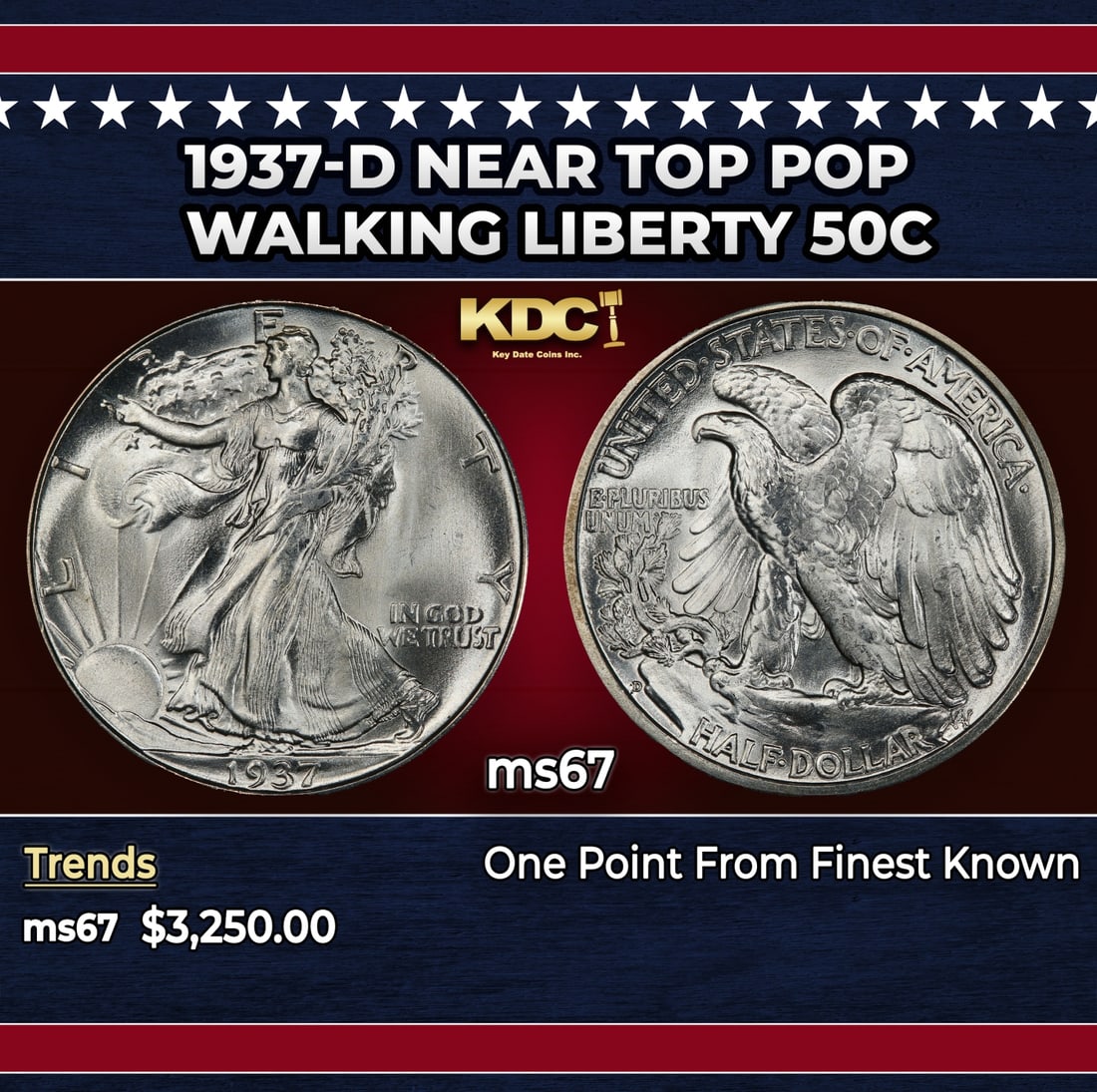 1937-d Walking Liberty Half Dollar Near Top Pop 50c ms67 SEGS: 1937-d Near Top Pop Walking Liberty Half Dollar 50c ms67 SEGS.