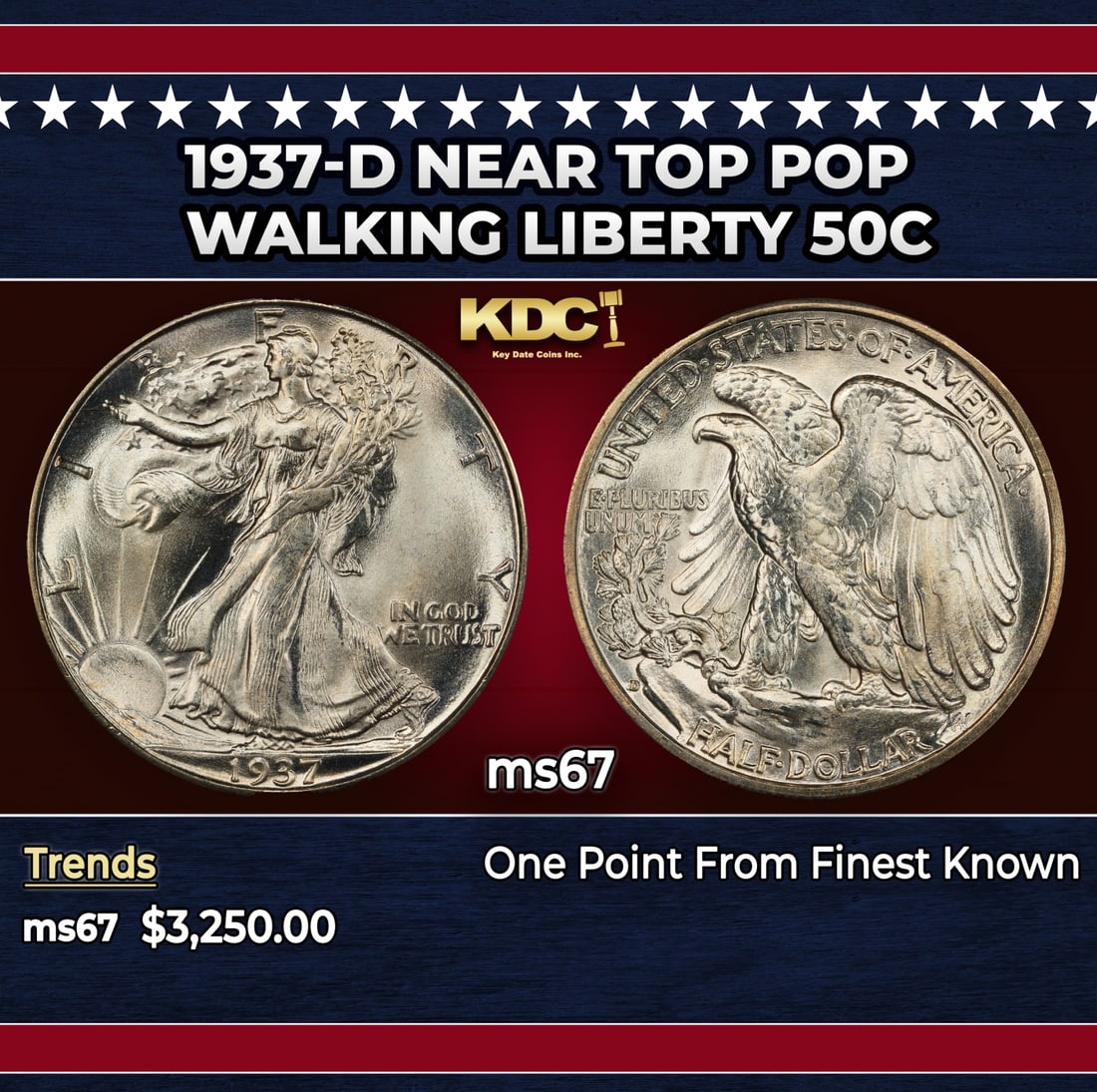 1937-d Walking Liberty Half Dollar Near Top Pop 50c ms67 SEGS: 1937-d Near Top Pop Walking Liberty Half Dollar 50c ms67 SEGS.