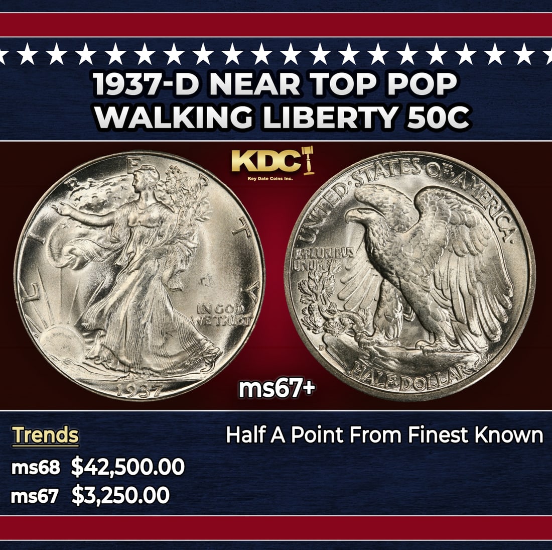 1937-d Walking Liberty Half Dollar Near Top Pop 50c ms67+ SEGS: 1937-d Near Top Pop Walking Liberty Half Dollar 50c ms67+ SEGS.