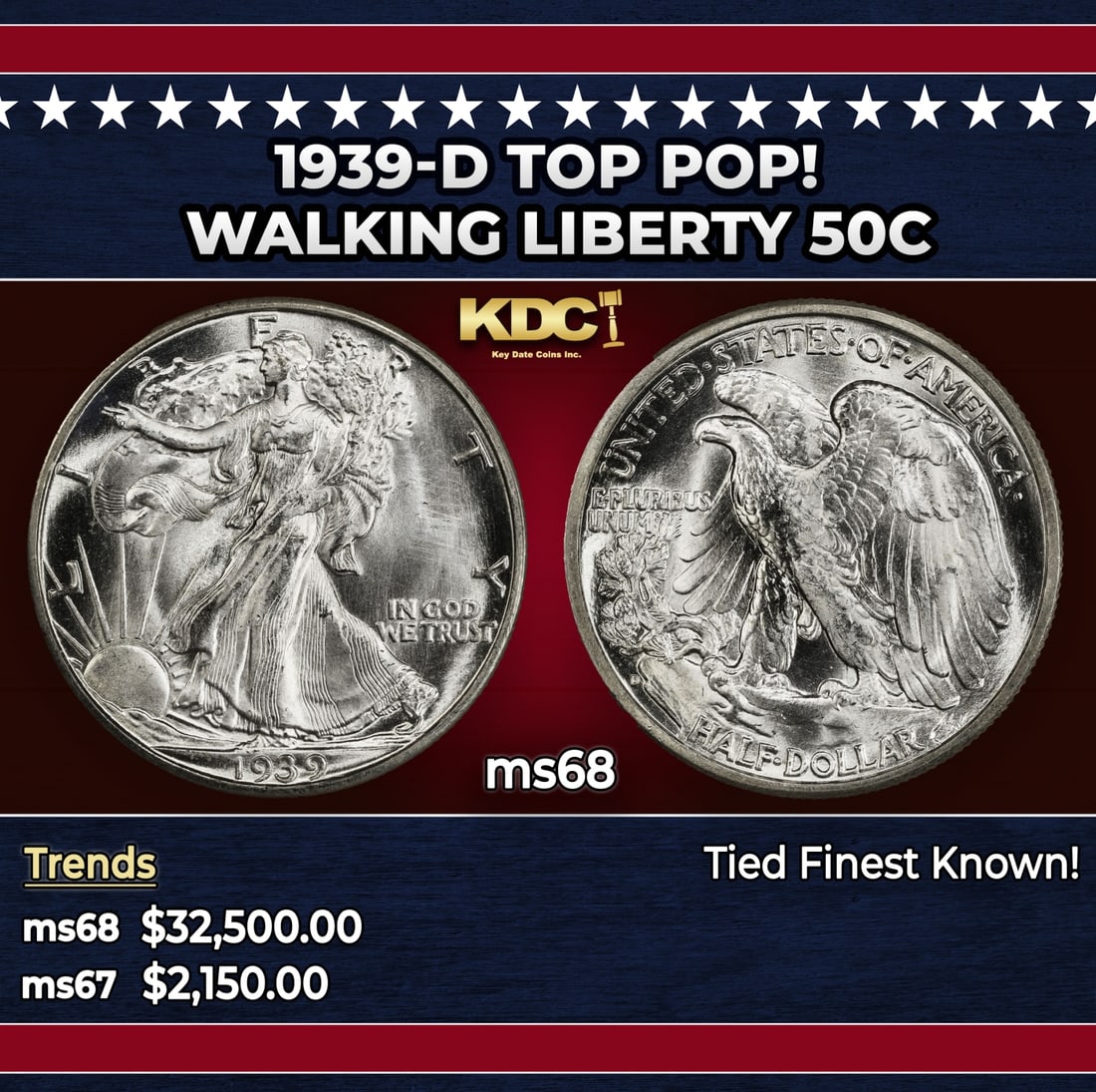 1939-d Walking Liberty Half Dollar TOP POP! 50c ms68 SEGS: 1939-d TOP POP! Walking Liberty Half Dollar 50c ms68 SEGS.