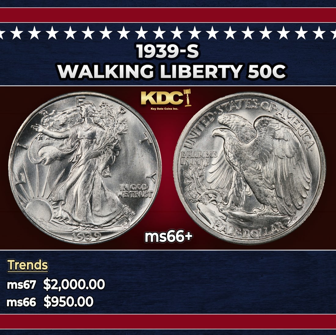 1939-s Walking Liberty Half Dollar 50c ms66+ SEGS: 1939-s Walking Liberty Half Dollar 50c ms66+ SEGS.