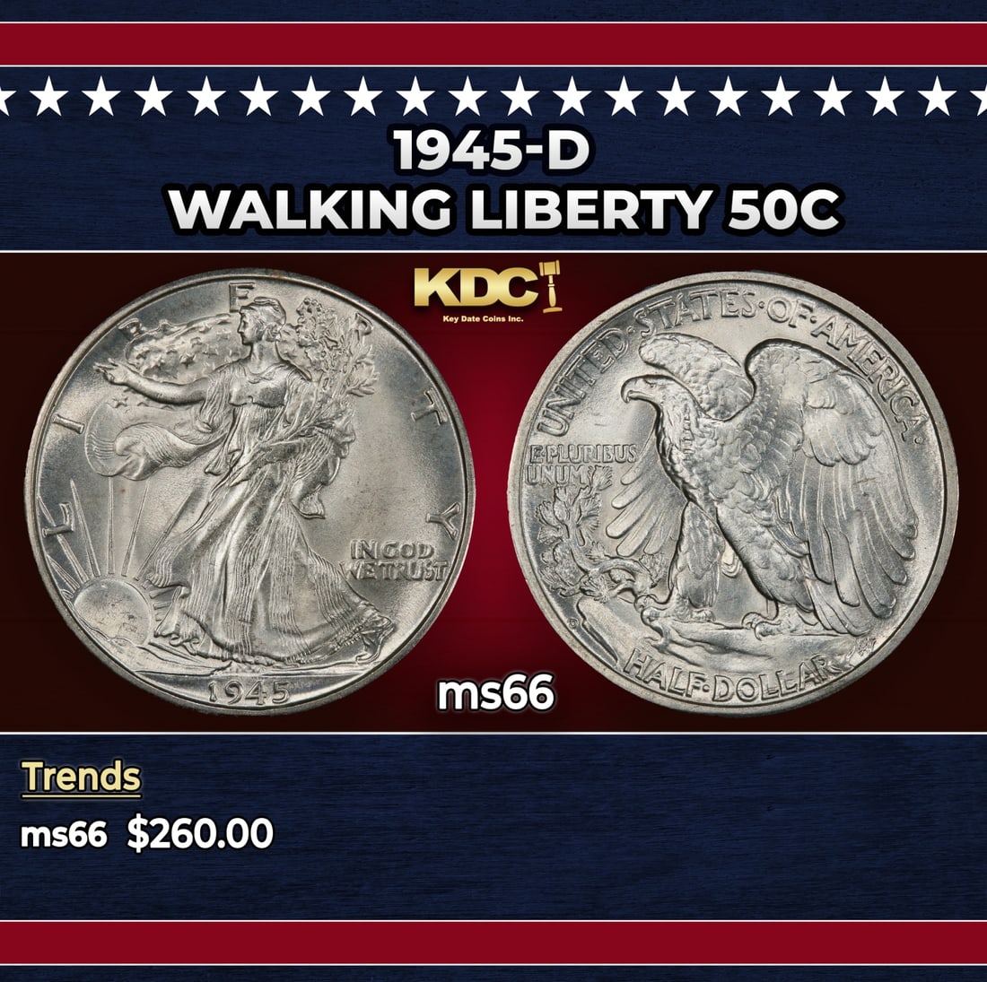 1945-d Walking Liberty Half Dollar 50c Grades ms66: 1945-d Walking Liberty Half Dollar 50c Grades ms66.