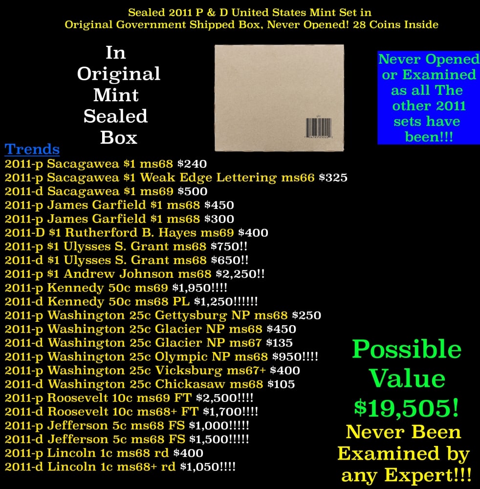 Sealed 2011 United States Mint Set in Original Government Shipped Box, Never Opened! 28 Coins Ins...: Sealed 2011 United States Mint Set in Original Government Shipped Box, Never Opened! 28 Coins Inside!. The 2011 United States Mint Uncirculated Coin Set includes two folders of 14 coins each, with coi