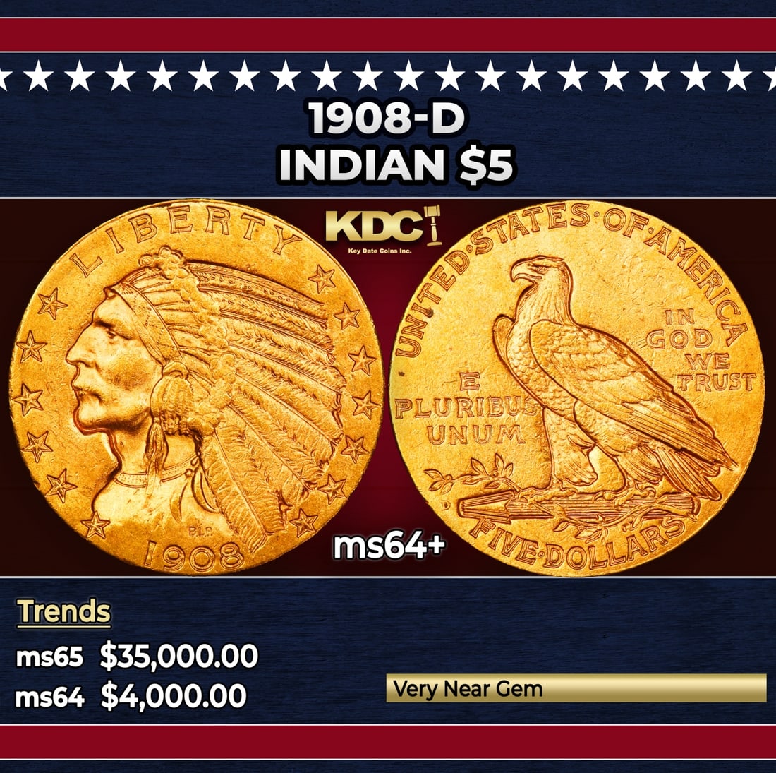 1908-d Gold Indian Half Eagle $5 ms64+ SEGS: 1908-d Gold Indian Half Eagle $5 ms64+ SEGS.