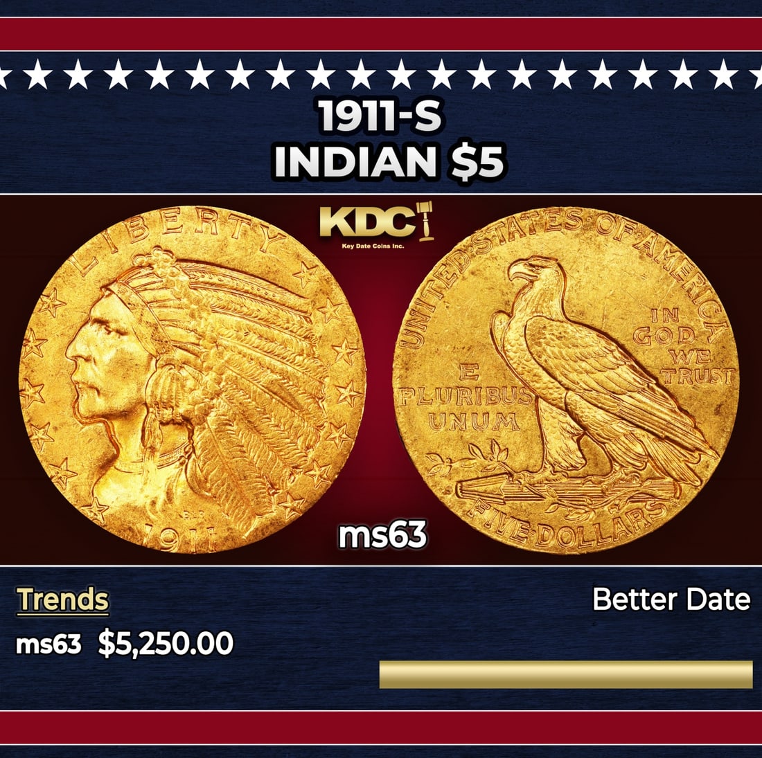 1911-s Gold Indian Half Eagle $5 ms63 USCG: 1911-s Gold Indian Half Eagle $5 ms63 USCG. The 1911-S is a better date in the Indian half eagle series, although not uncollectible. Mint State examples are occasionally available in the MS62 to MS63 