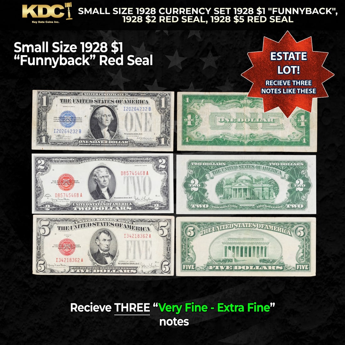 Small Size 1928 Currency Set 1928 $1 "Funnyback", 1928 $2 Red Seal, 1928 $5 Red Seal Grades VF/XF: Small Size 1928 Currency Set 1928 $1 "Funnyback", 1928 $2 Red Seal, 1928 $5 Red Seal Grades VF/XF.