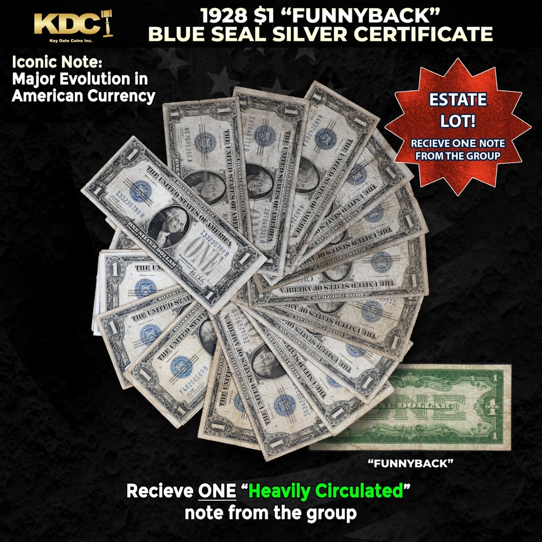 1x 1928 $1 Funnyback Blue Seal Silver Certificate Heavily Circulated: 1x 1928 $1 Funnyback Blue Seal Silver Certificate Heavily Circulated. These were the first notes to be called funnybacks. The reason they are called funnybacks is because of the unique design on the