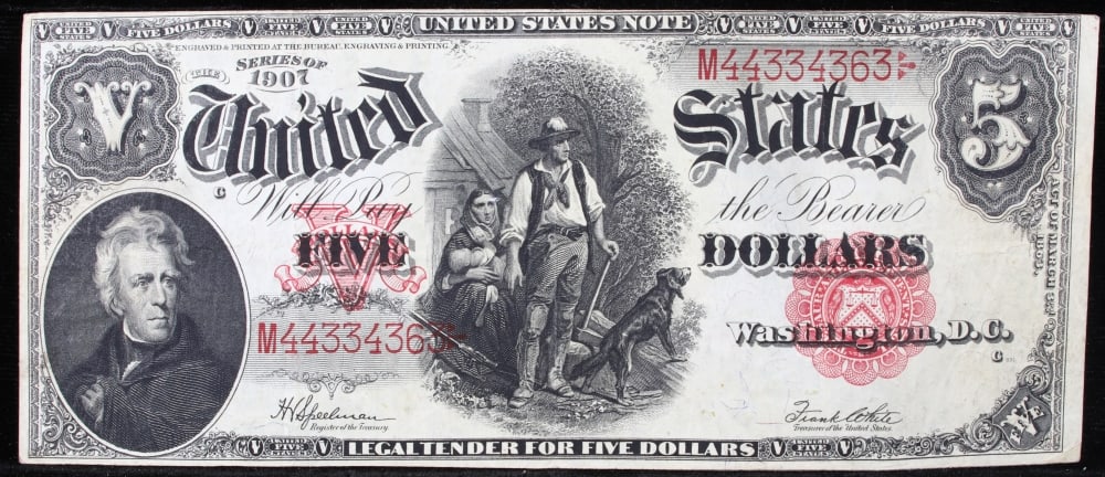 1907 $5 Large Size Legal Tender Note "WoodChopper" Grades Choice AU/BU Slider Signatures Speelman... - 2