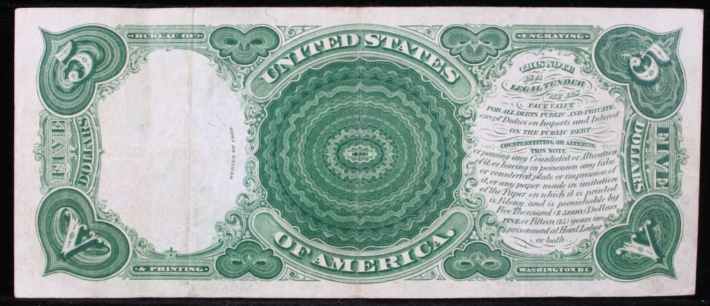 1907 $5 Large Size Legal Tender Note "WoodChopper" Grades Choice AU/BU Slider Signatures Speelman... - 3