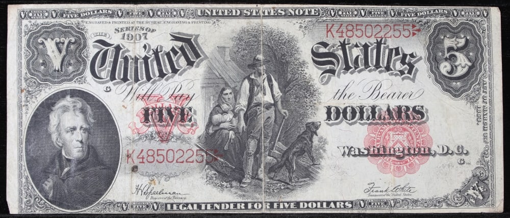 1907 $5 Large Size Legal Tender Note "WoodChopper" Grades xf Signatures Speelman/White - 2