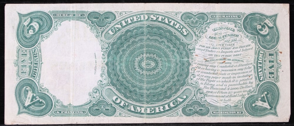 1907 $5 Large Size Legal Tender Note "WoodChopper" Grades xf Signatures Speelman/White - 3