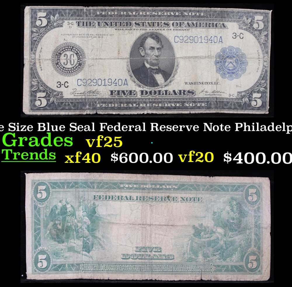 1914 $5 Large Size Blue Seal Federal Reserve Note Philadelphia, PA Grades vf+ FR-855: 1914 $5 Large Size Blue Seal Federal Reserve Note Philadelphia, PA Grades vf+ FR-855. Despite having 1913 written on them, these are actually from the series of 1914, as it says on the right and left 