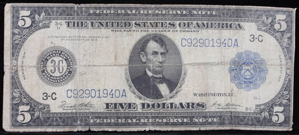 1914 $5 Large Size Blue Seal Federal Reserve Note Philadelphia, PA Grades vf+ FR-855 - 2