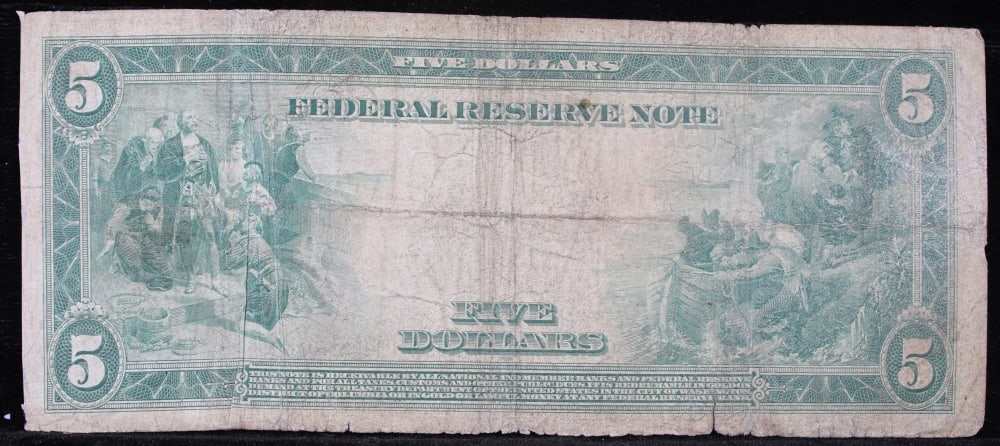 1914 $5 Large Size Blue Seal Federal Reserve Note Philadelphia, PA Grades vf+ FR-855 - 3