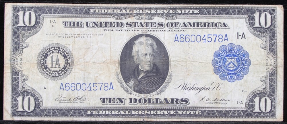 1914 $10 Large Size Blue Seal Federal Reserve Note Boston, MA Grades vf+ FR-907 - 2