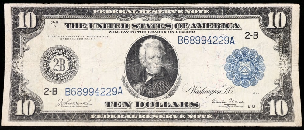 1914 $10 Large Size Blue Seal Federal Reserve Note New York, NY Grades xf FR-911 - 2