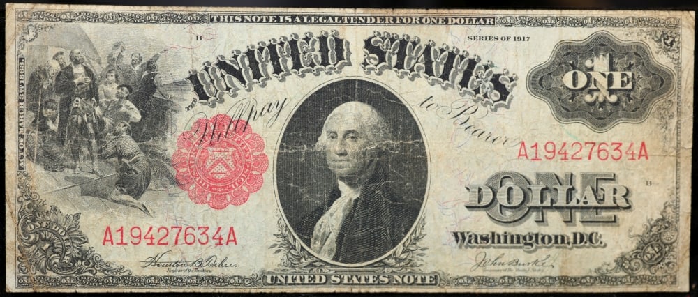1917 $1 Large Size Legal Tender Note Grades vf+ Signatures Teehee/Burke - 2