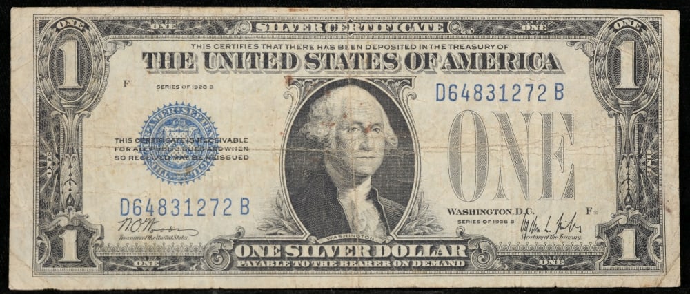 1928B $1 Blue Seal Silver Certificate "Funnyback" Grades vf+ - 2