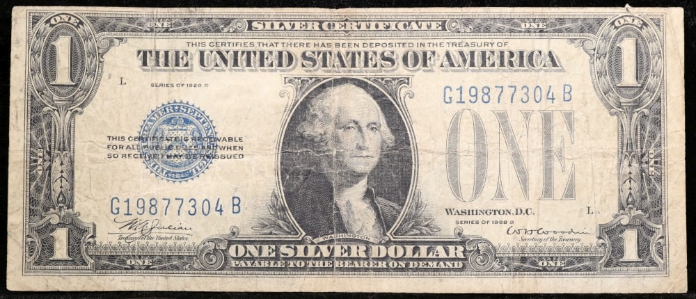 1928D $1 Blue Seal Silver Certificate "Funnyback" Key To Series Grades vf+ - 2