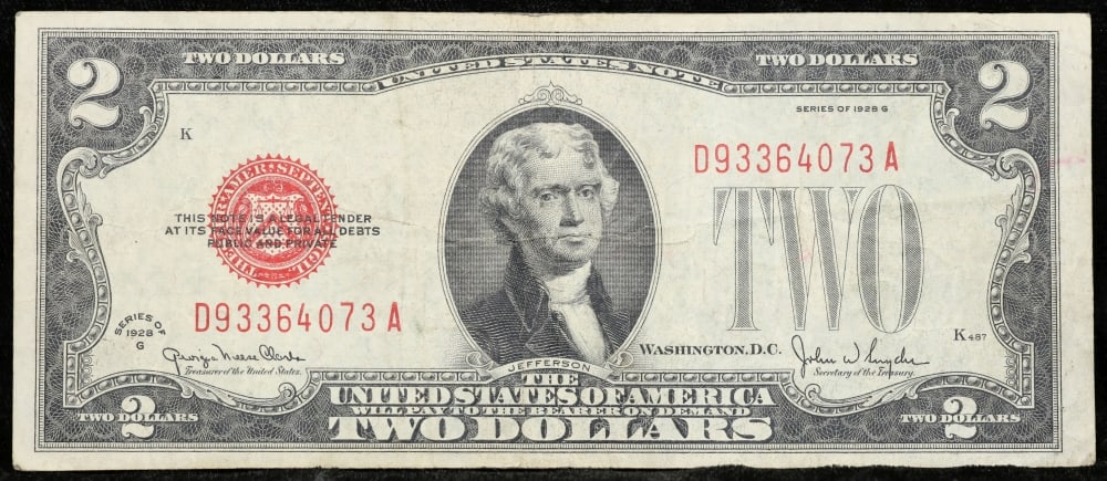 1928G $2 Red Seal United States Note Grades xf - 2