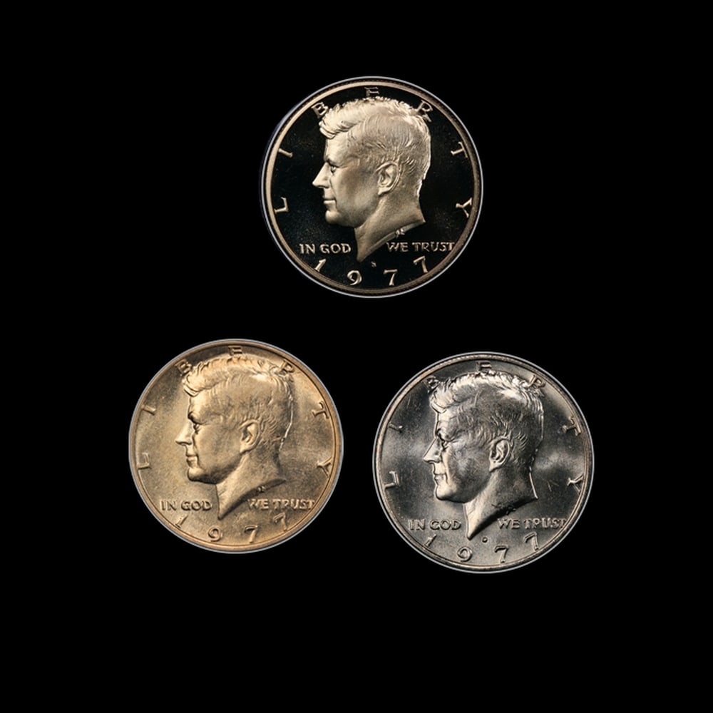 Complete 3 PC. 1977 Kennedy Half Dollar 50c set In Custom Box W/ Special Backer Card BU & Proof C... - 2