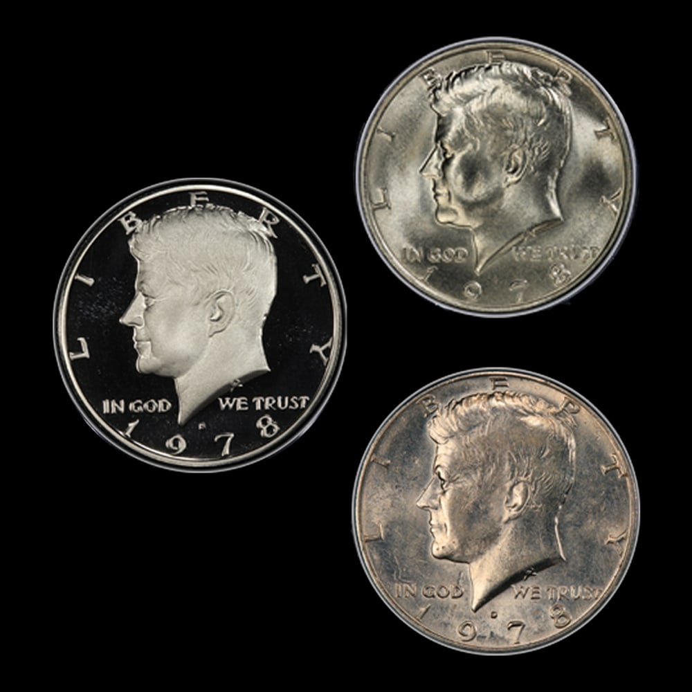 Complete 3 PC. 1978 Kennedy Half Dollar 50c set In Custom Box W/ Special Backer Card BU & Proof C... - 2
