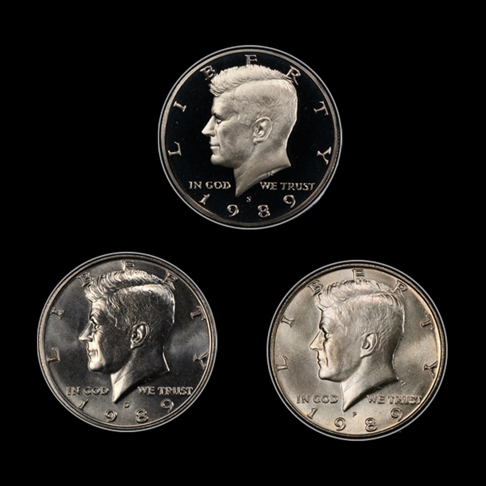 Complete 3 PC. 1989 Kennedy Half Dollar 50c set In Custom Box W/ Special Backer Card BU & Proof C... - 2