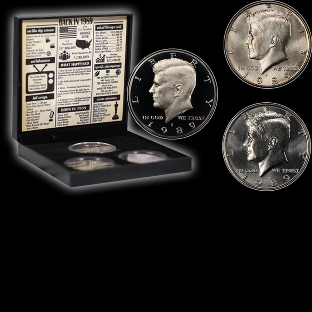 Complete 3 PC. 1989 Kennedy Half Dollar 50c set In Custom Box W/ Special Backer Card BU & Proof C... - 4