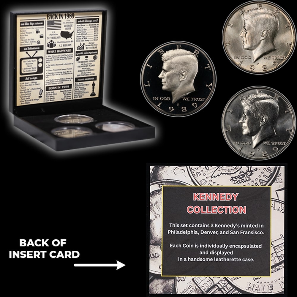 Complete 3 PC. 1989 Kennedy Half Dollar 50c set In Custom Box W/ Special Backer Card BU & Proof C... - 5
